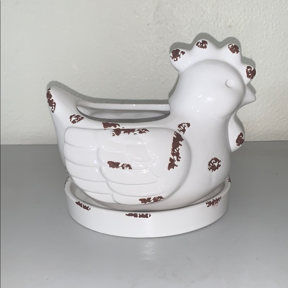 Rustic White and Brown Ceramic Rooster/ Chicken planter